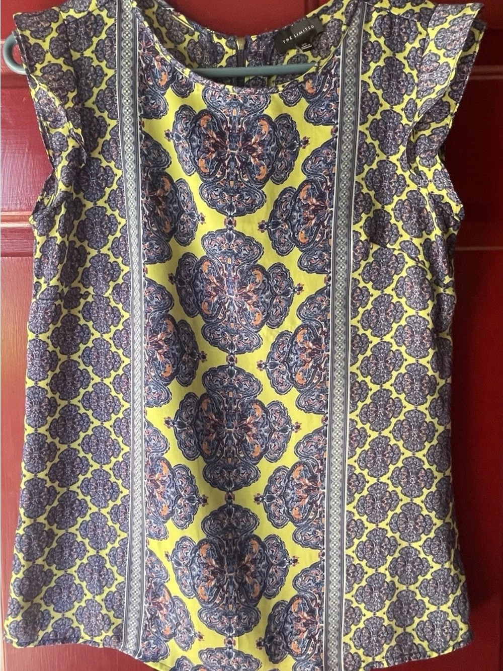 The Limited Yellow & Navy Medallion Print Cap-Sleeve Top
